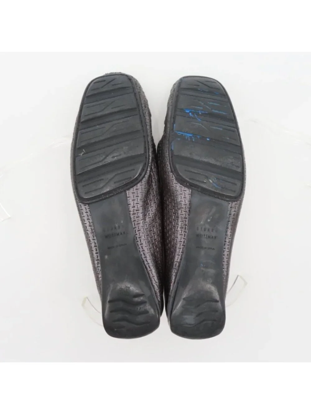 Stuart Weitzman 9.5 SS Pewter Silver Textured Chain Square Toe Loafers Flats